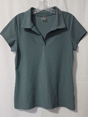 Women's Large Calia Ribbed Short-Sleeve Teal V-Neck Collared Polo Shirt T10